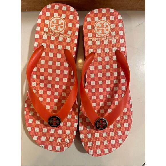 Tory Burch Platform Flip Flop Sandals Red Gingham Sz 7.5 - Picture 2 of 7